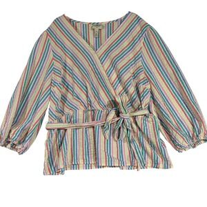 St. John's Bay Striped Wrap Blouse Tie Waist 3/4 Sleeve Multicolor‎ Crinkle XL